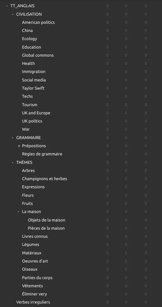Aperçu des sous-paquets du paquet Anglais dans Anki